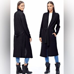 360 Cashmere Open Front Ribbed Knit Long Duster Cardigan Pocket Waist Tie Size M
